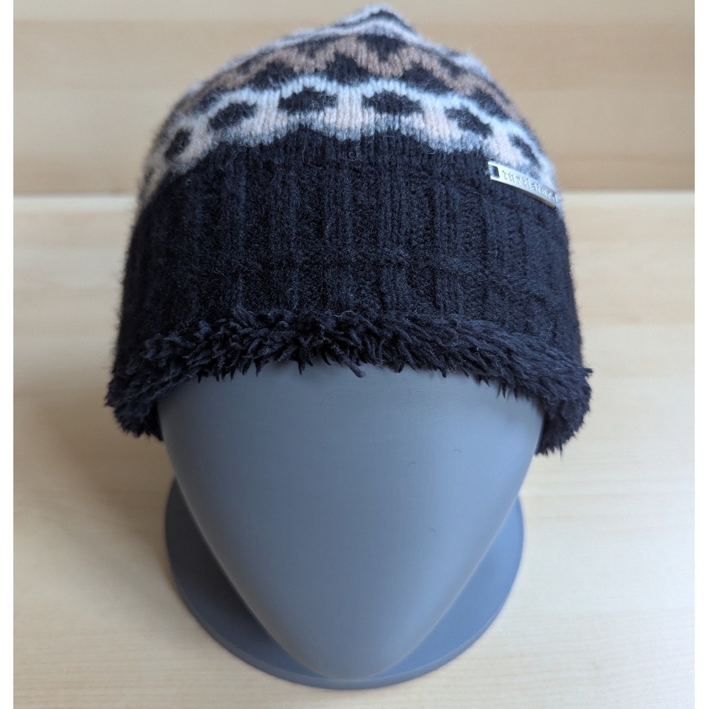 Turtle Fur Lambswool Blend Fleece Lined Beanie Hat Fair Isle Black Grey Tan